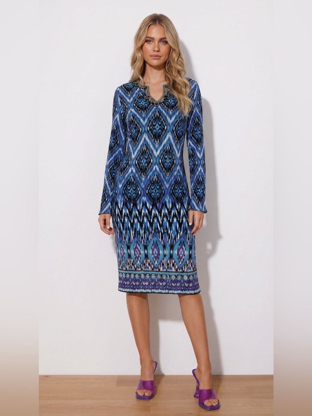 Chico's Blue Patterned Long-Sleeve Midi Dress